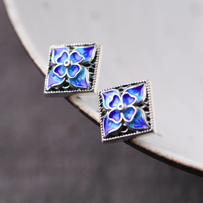 Wholesale real pure S925 sterling silver Chinese Cloisonne fashion Flower jewelry earrings for women Anillos