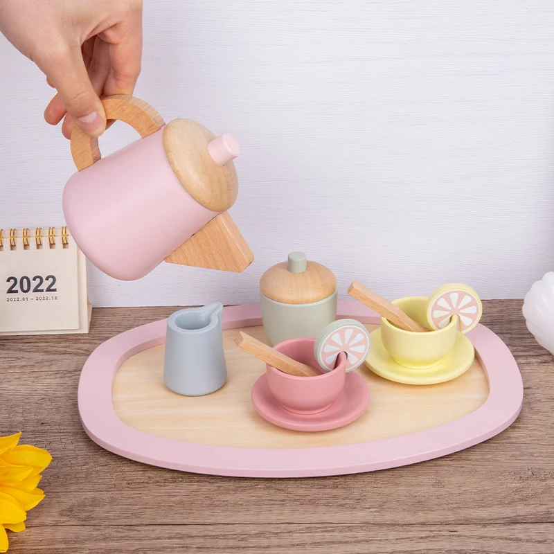 Baby Afternoon Teapot Pretend Play Wooden Tea Set Pretend Play Kitchen Toy Set Fun Simulation Parent-Child Game for Toddlers