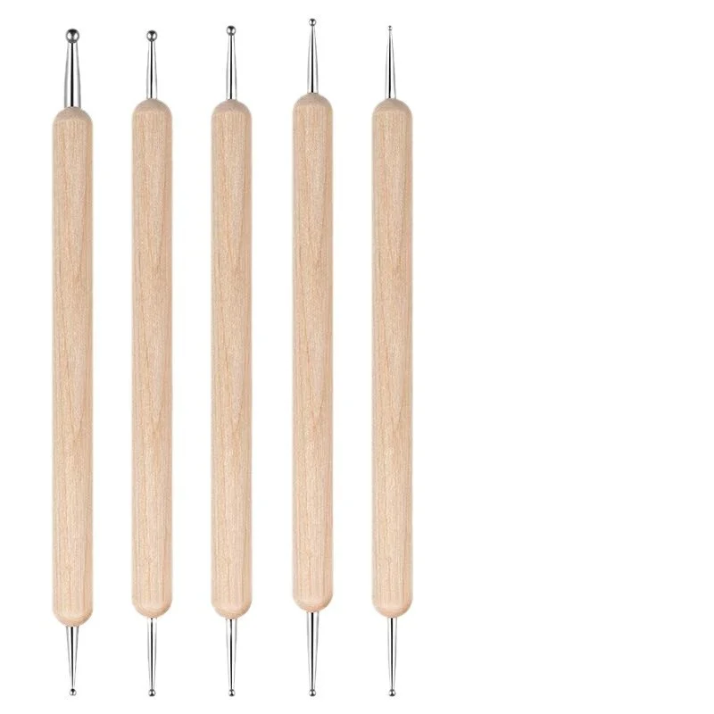 5pcs Double-Ended Nail Art Brush Set Stainless Steel Head & Wooden Handle Dotting Tools for Nail Art