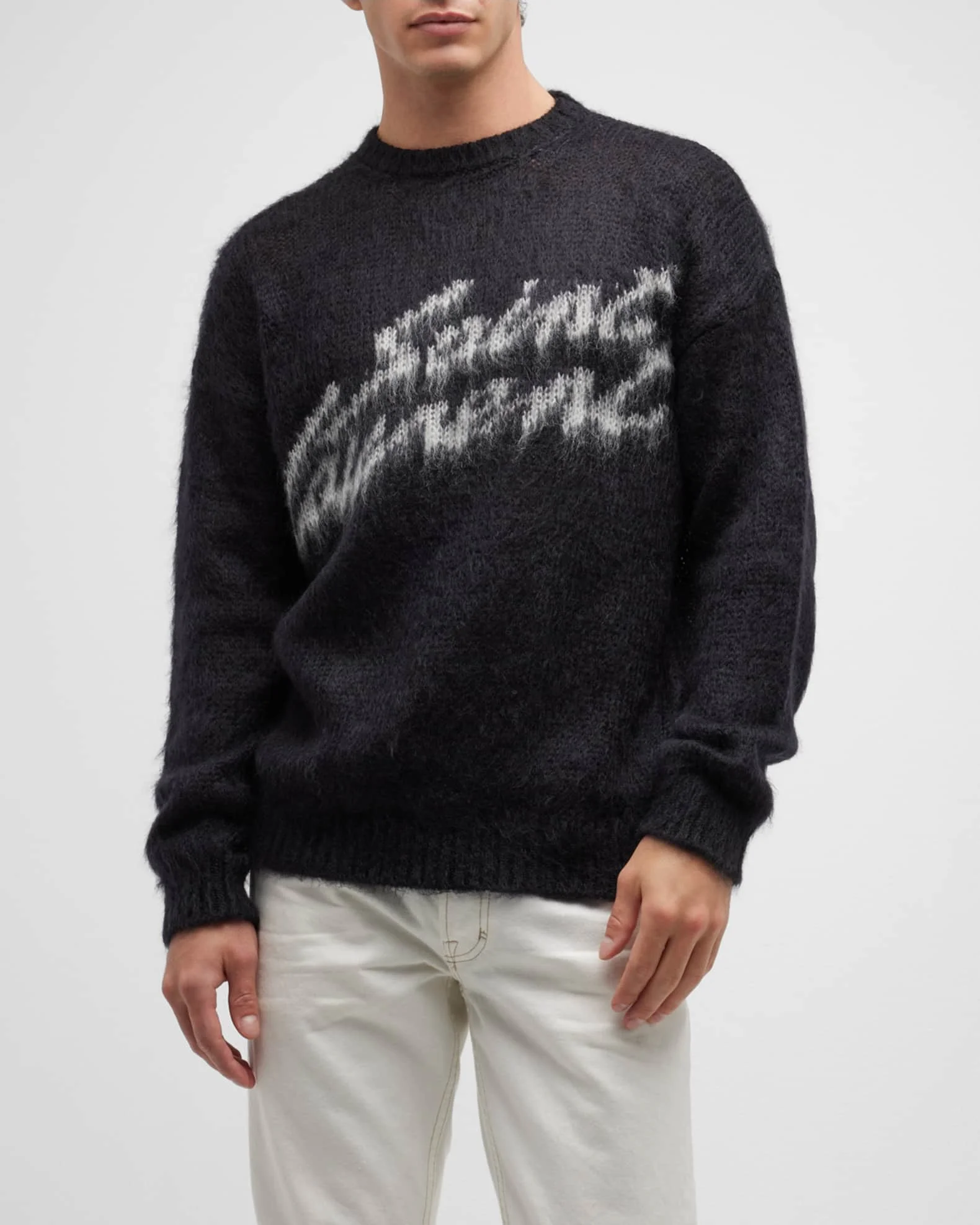Nanteng Custom Logo Oem Popular Mohair Woll Design Casual Crew Neck For Knit Fuzzy Blend Jacquard Men Pullover Sweater