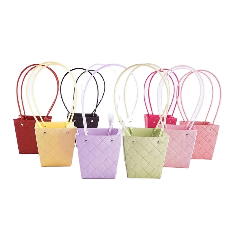 Portable Macaron Color Waterproof Rhombic Embossed Paper Bouquets Flower Packing Arrangement Tote Carrier Bag