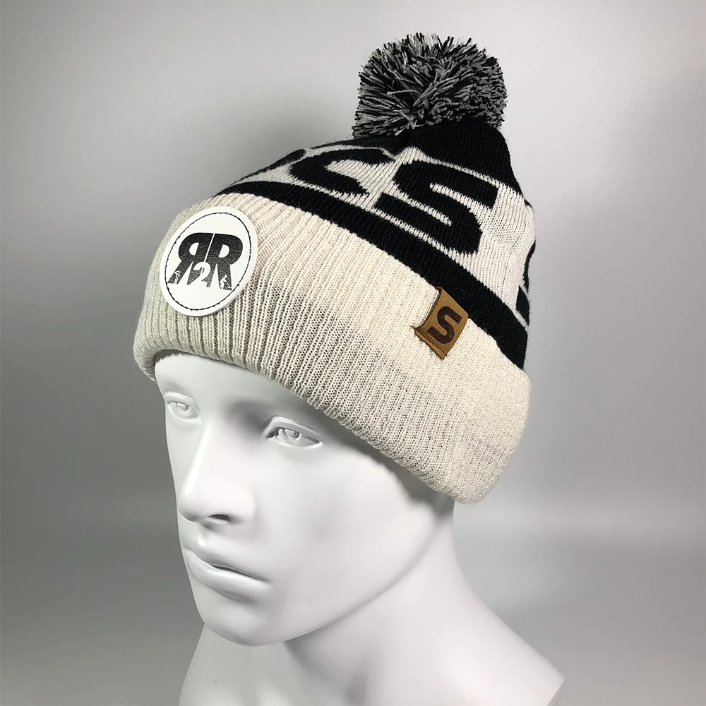 Custom high quality knitted retro toque Suede leather patch ribbed brim pom pom hats Character jacquard two tone sports beanies
