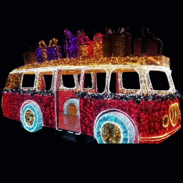 Commercial Christmas Holiday Landscape Lighting Large Metal LED Bus Light for Shopping Mall Street Park Decoration