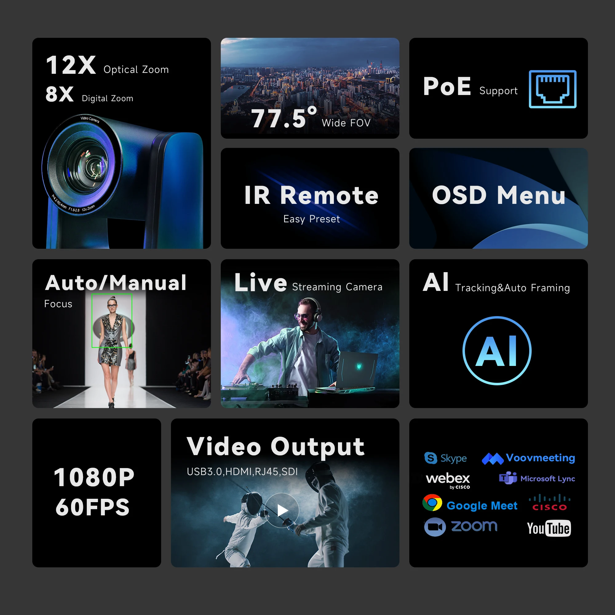 NDI Auto tracking 12x Zoom 1080P 60fps USB HDMI POE SDI Online Meeting PTZ Conference Camera