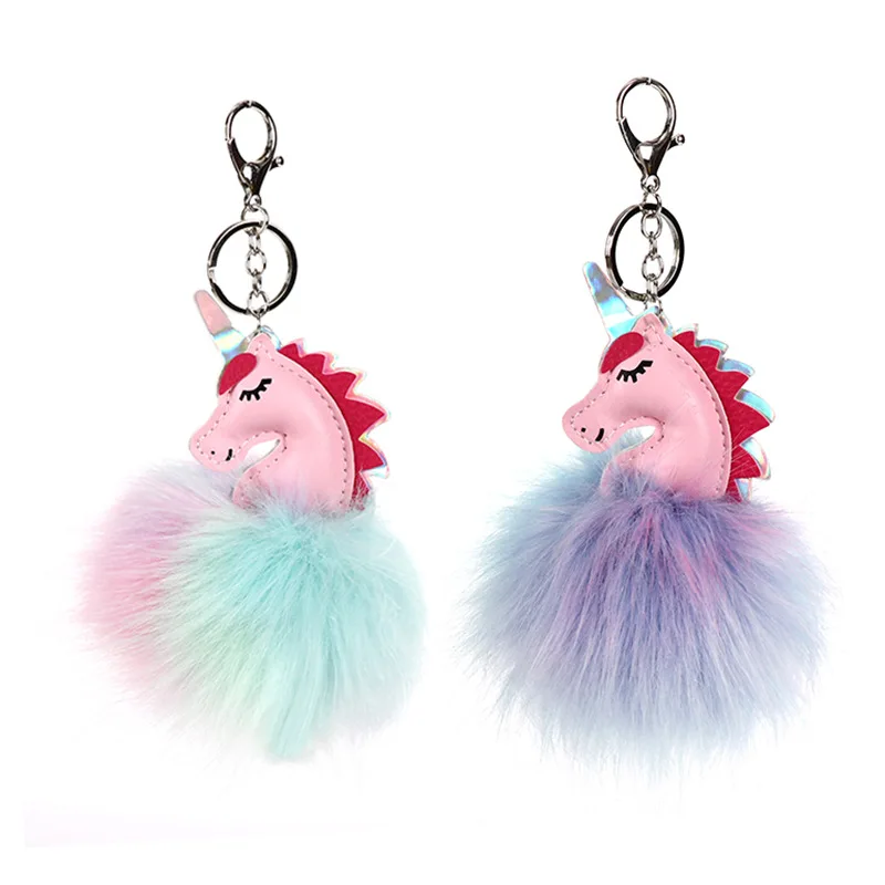 custom wholesale Fluffy Unicorn Pompon Key Chain Faux Rabbit Fur Keychain cute Bag Keychain