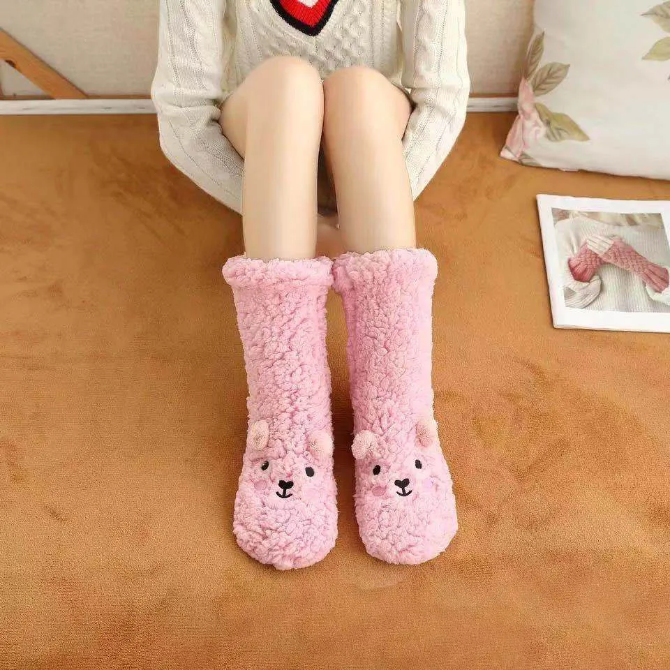 Custom logo embroidery pink anti slip cartoon thick winter womens fluffy fuzzy slipper socks