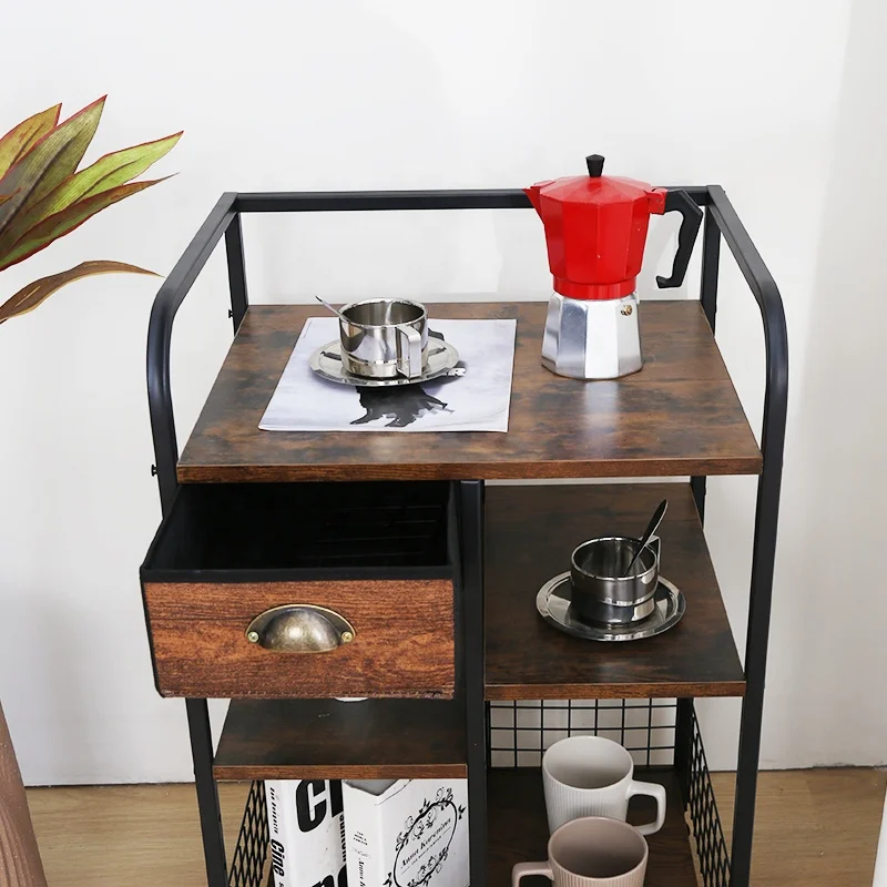 Modern Rustic Wood Kitchen Cart with Storage Drawer Mobile Coffee Table on Wheels Coffee Bar Station for Kitchen