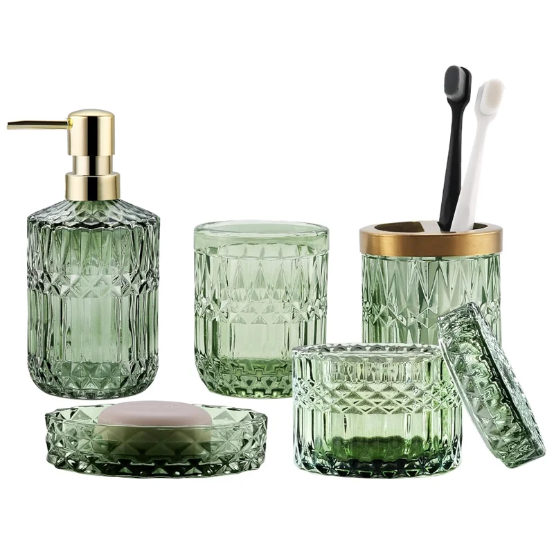 Luxury 5 Piece Bathroom Accessories Organizer Gift Set Hotel Toilet Green Crystal Glass Bathroom Accessories Set