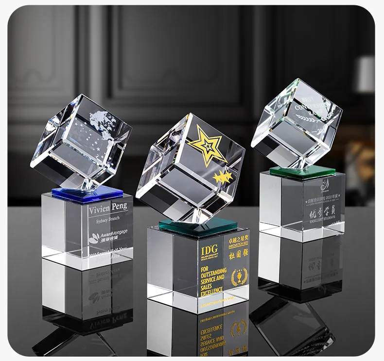 Personalized custom clear crystal trophy cube laser engraving crystal cube trophy for Sports Competition Event Awards Souvenir