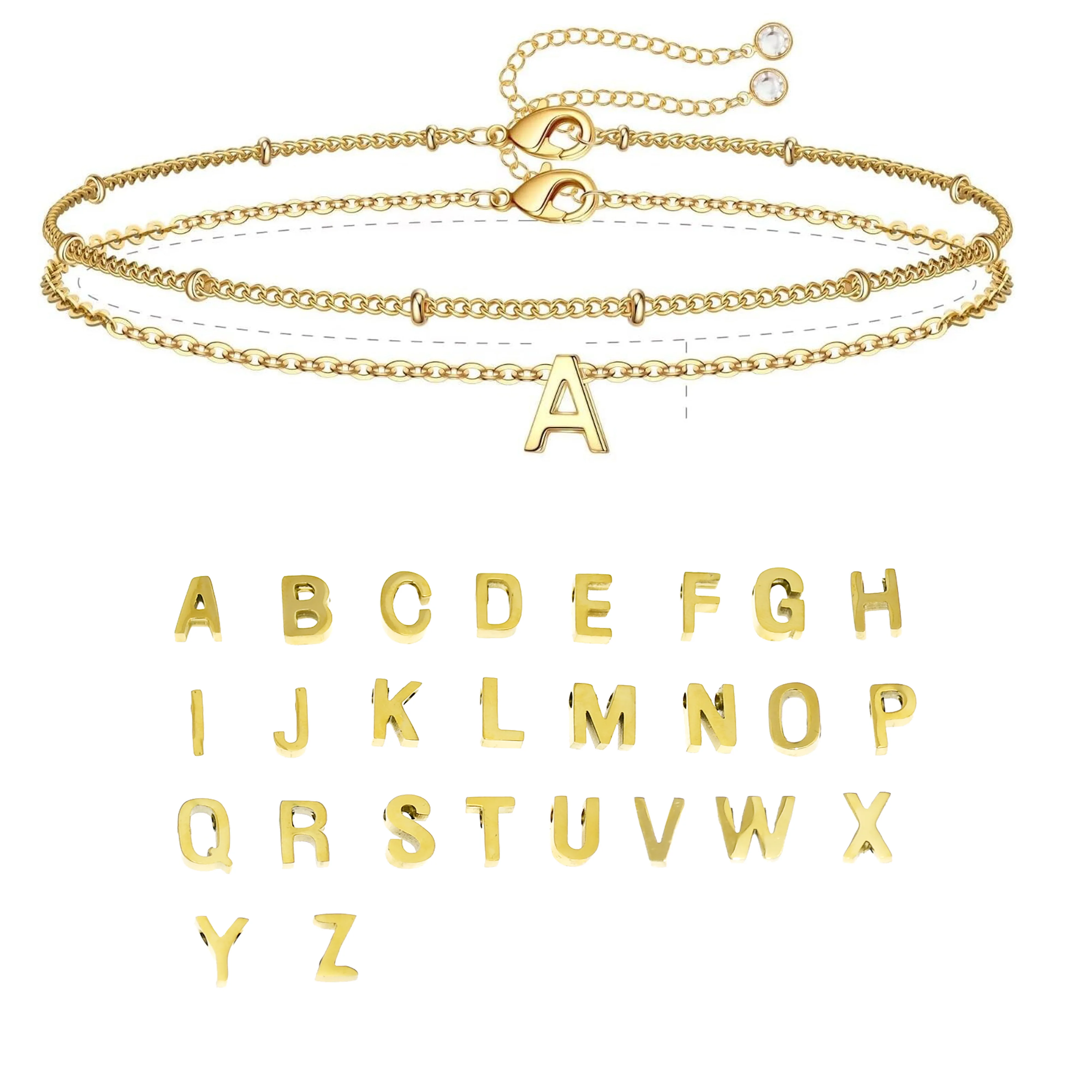 2pcs/Set Multi-layer Stainless Steel A-Z Initial 26 Letters Beads Chain Link Bracelet Adjustable