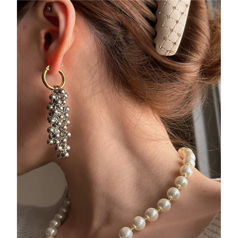 Two Tone Detachable Beaded Sphere Ball Tassel Earrings Double Plated Long Drop Earrings for Women Statement Fashion Jewelry 2023