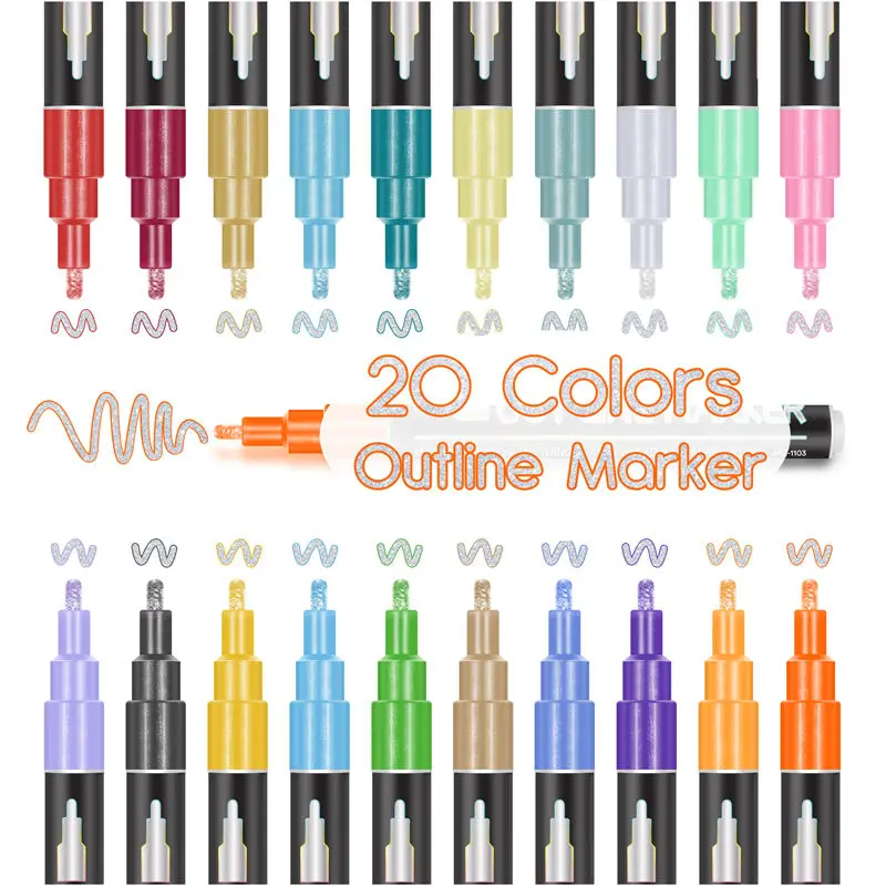 2024 New Design Custom 8 12 Colors Circular double Outline Metallic Markers Magi Pens Supersquiggles Markers Set