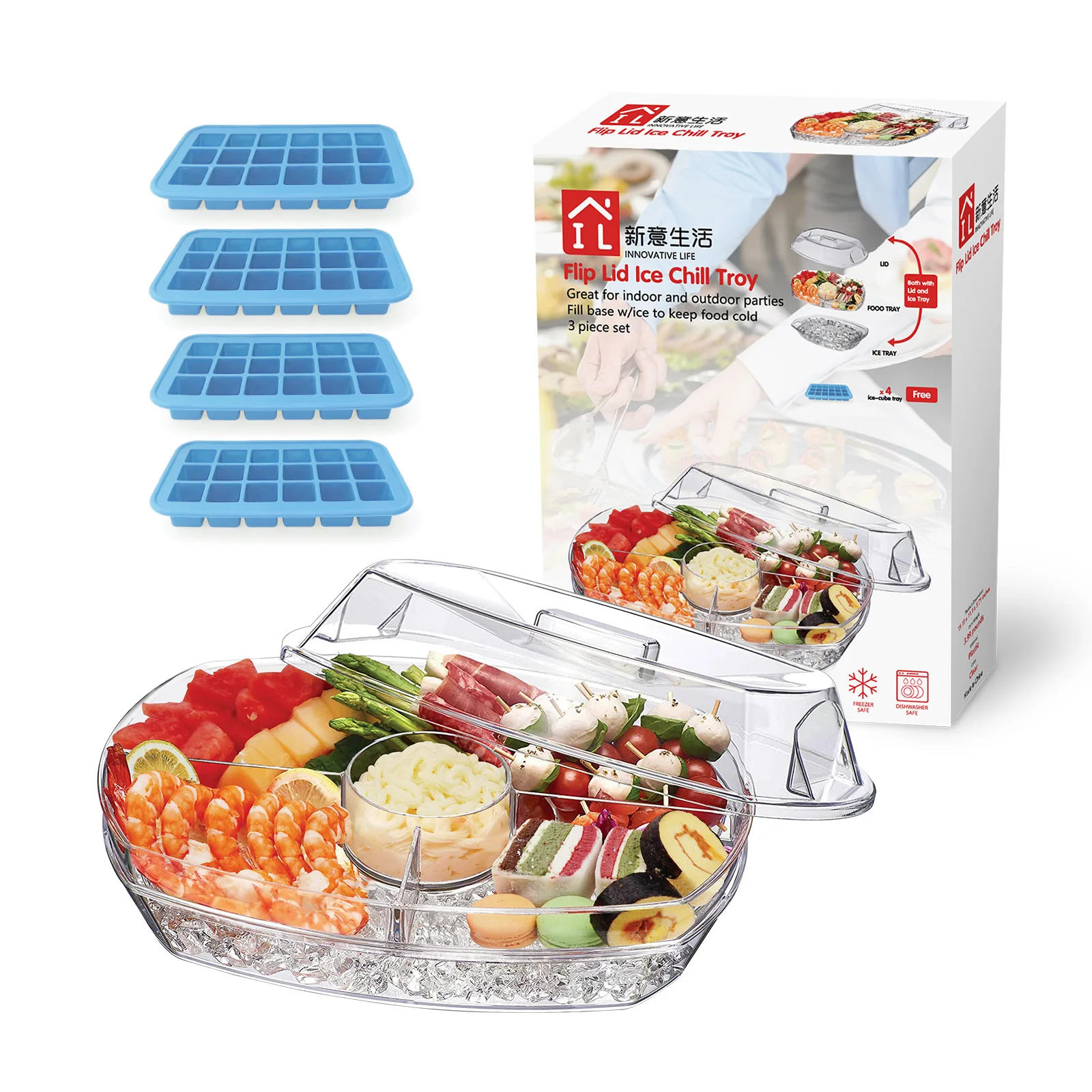 01 USA Warehouse Free Shipping INNOVATIVE LIFE Ice Party Platter, 3 Layers Clear Appetizer Serving Tray with Reversible Lid