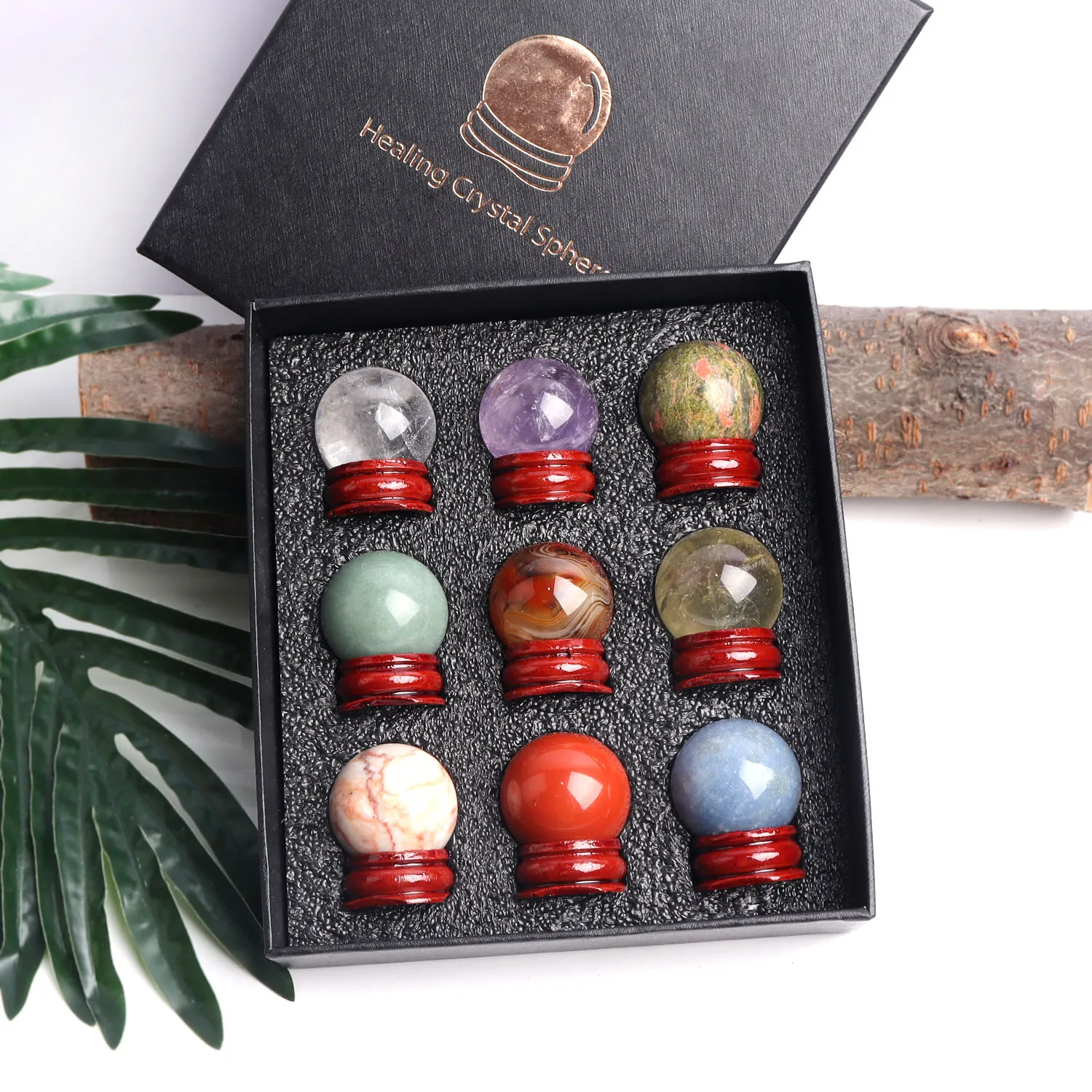 9pcs Mixed Natural Crystal 3cm Ball Quartz Chakra Stone Sphere Mineral Meditation Reiki Healing Collection Home Decor Gift Box