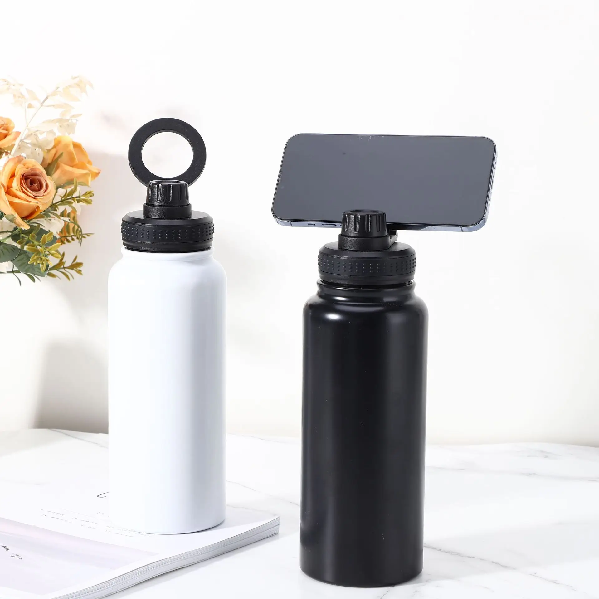 600ML 800ML 1L double wall stainless steel insulate water bottle phone holder custom