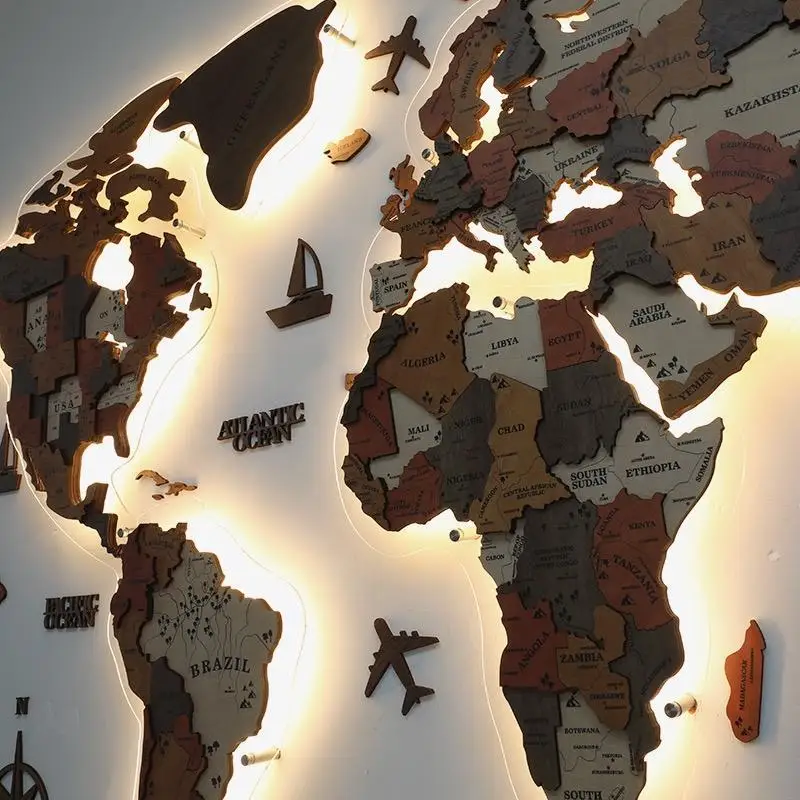 Hot Selling Brown Color Wood Map Home Art Layered LED Wall 3D Wood World Map With light  Housewarming Gift Wall Art Decor