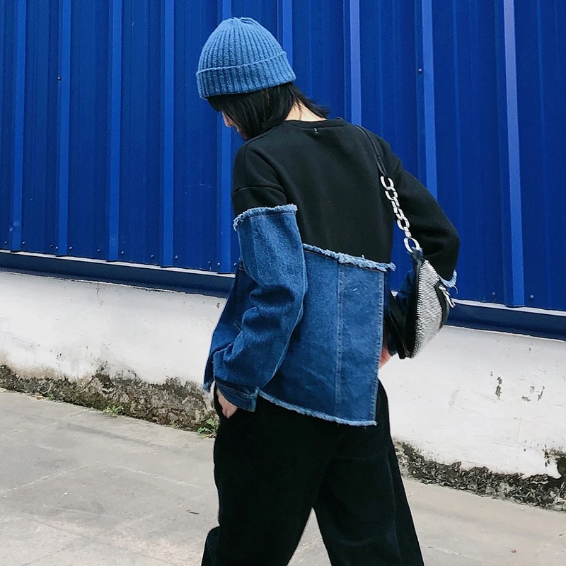 TWOTWINSTYLE Patchwork Denim Asymmetric Colorblock Loose Casual Womens Sweatshirt