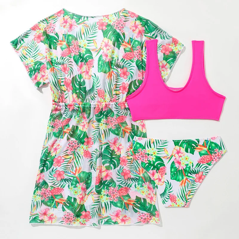 Swimsuit Kids Girl Flower Print Swimsuit Child Girl Baby 3 Pcs Set Long Sleeve Swimsuits + Tank Top + Bikini Thong