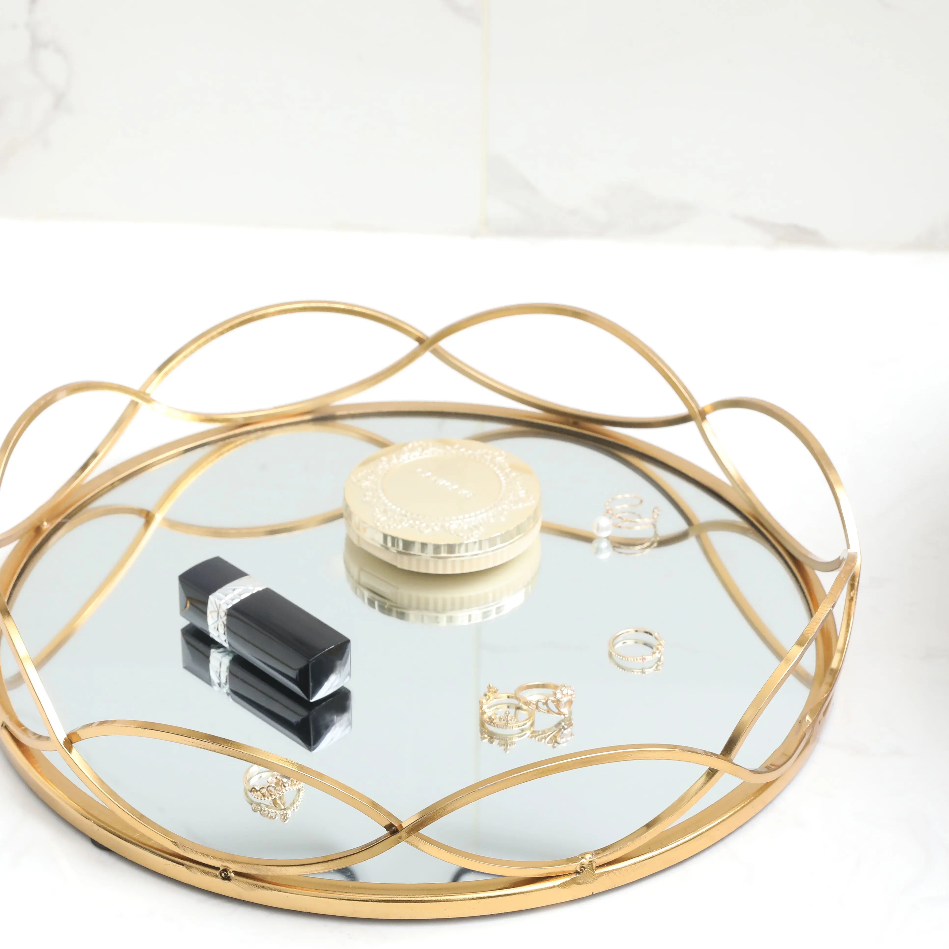 MAYCO Jewelry Organizer Makeup Dressers Vanity Perfume Metal Decorative Gold Glass Mirror Tray