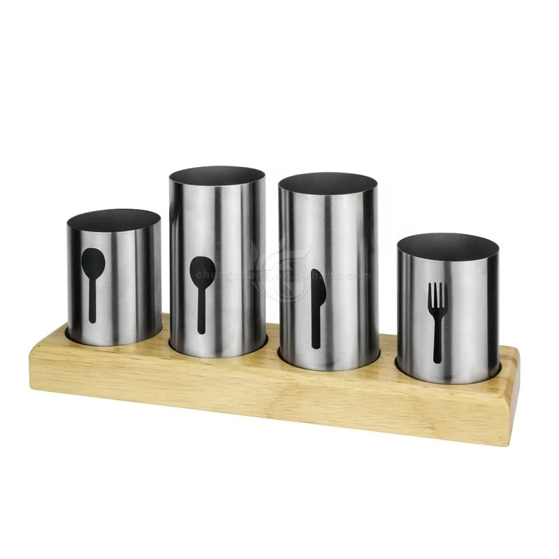 Metal Cutlery Holder Set Stainless Steel Flatware Bamboo Wood Base Forks Knives Spoons Dining Kitchen Cutlery Holder