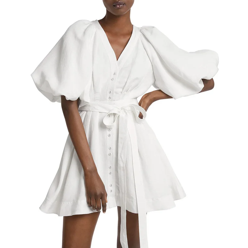 Модное летнее женское сексуальное короткое мини-платье на пуговицах с поясом и v-образным вырезом ТРАПЕЦИЕВИДНОЕ платье пышными рукавами