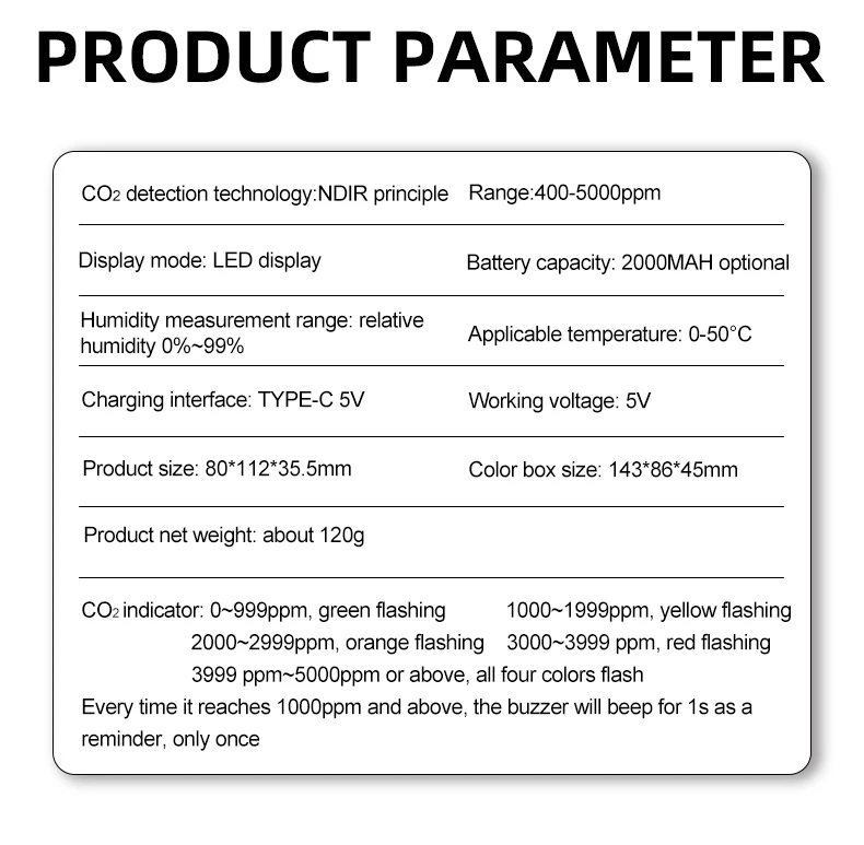 Portable CO2 Monitor /Carbon Dioxide monitor with temperature and humidity display for Home safety scene