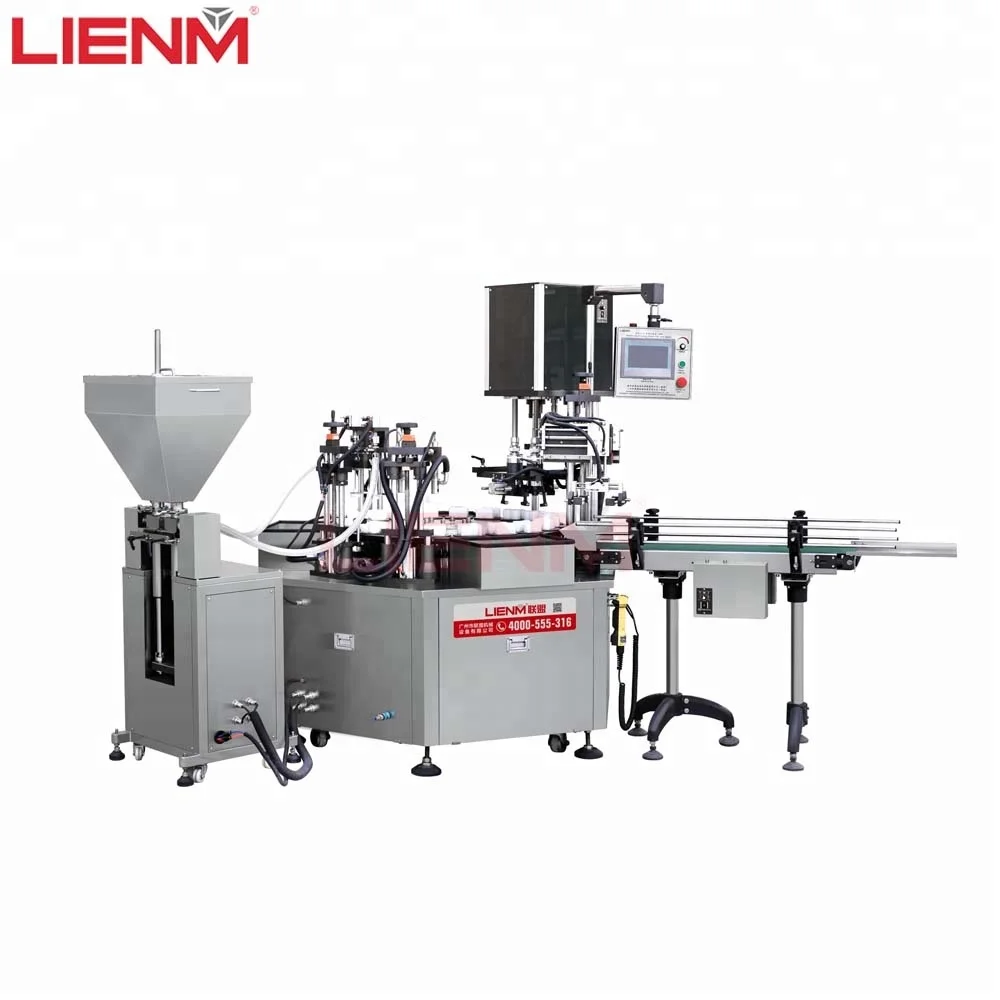 LIENM Rotary Cosmetic Cream Lotion Liquid Detergent Rinsing Filling and Capping Machine with hopper