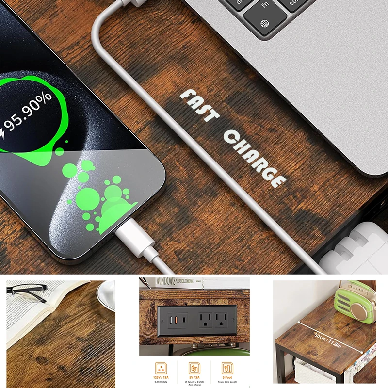 Small Table Stand with Adjustable Shelf End Table Nightstand with Type C and USB Port Side Table for Small Spaces