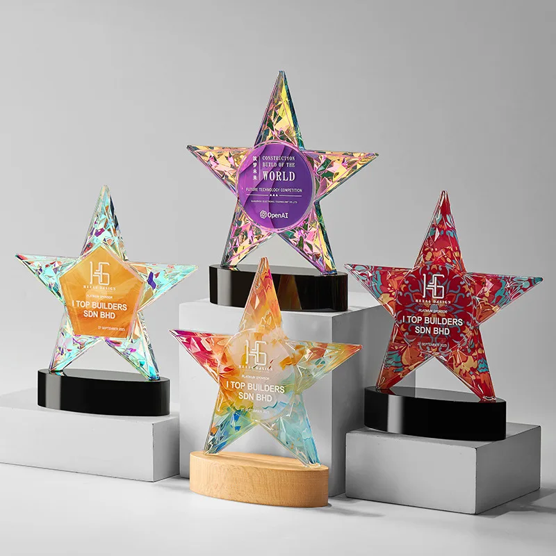 Honor of crystal Colorful UV Printing Star Shape Business Sports Trophy Awards For Gift Souvenir