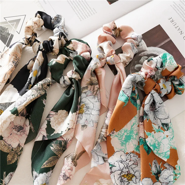 Fashion Flower Printed Long Tail Hairscarf Hair Band Women Ladies Large Floral Satin Silk Ponytail Holder Scrunchies Accessories
