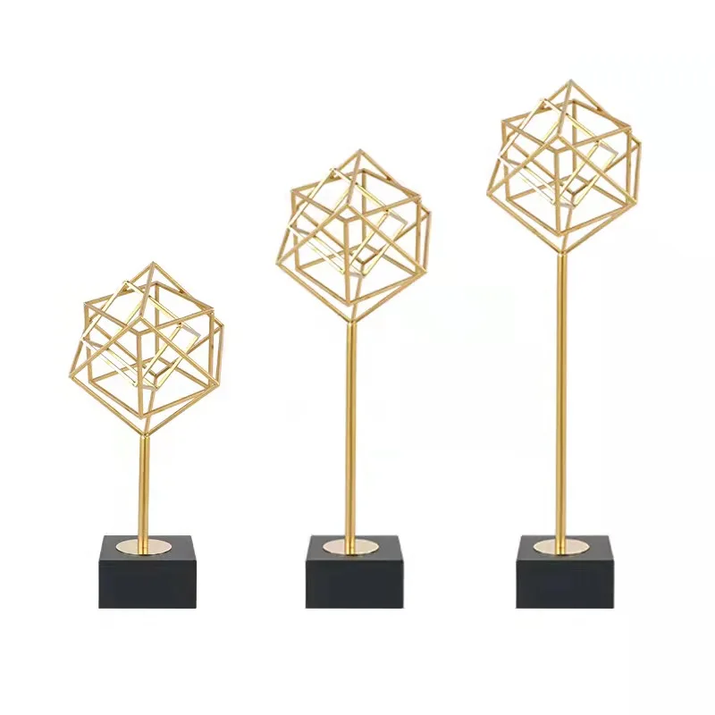 House interior accessories pieces luxury creative golden metal geometric square statue home decor for living room