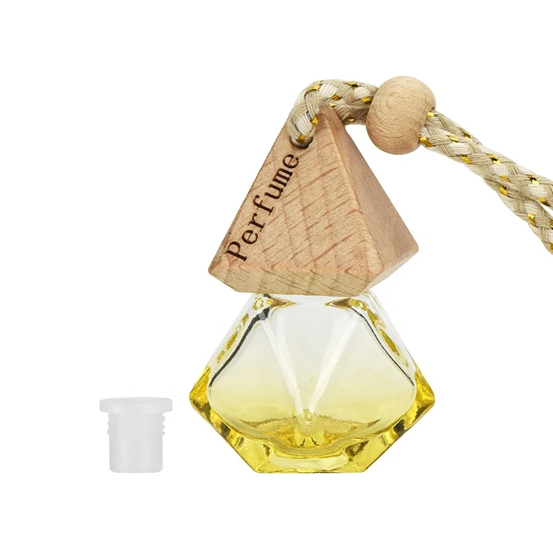 Customized Logo fragrance bottle unique design 8ml air freshener bottle hanging car perfume bottle with wooden cap
