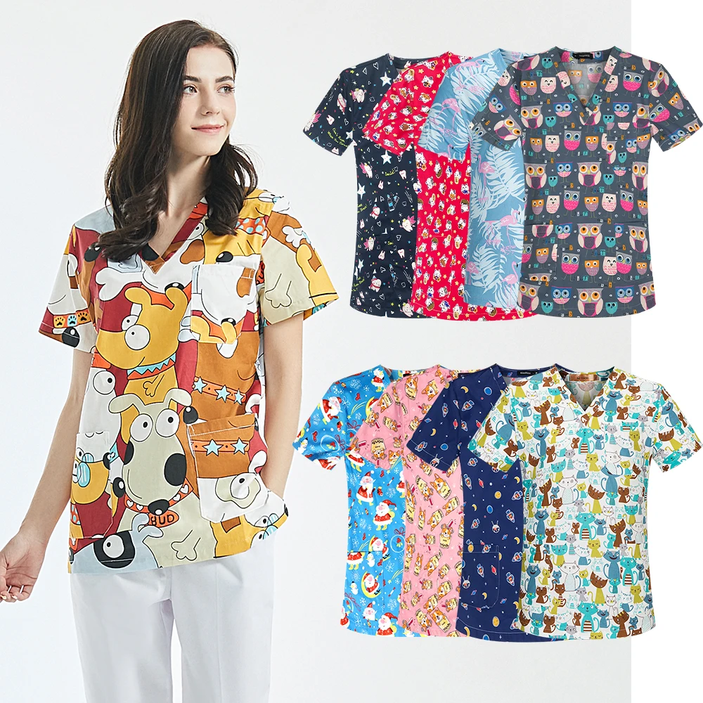 2024 Flowers Scrub Tops Women Cute Print Nurse Uniforms Scrubs Comfortable Hospital Women Printed Nursing Scrub Sets