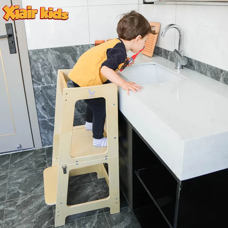 Xiair Custom Foldable Toddler Kitchen Helper Ladder Chair Children Step Stool Wooden Montessori Learning Tower With Blackboard