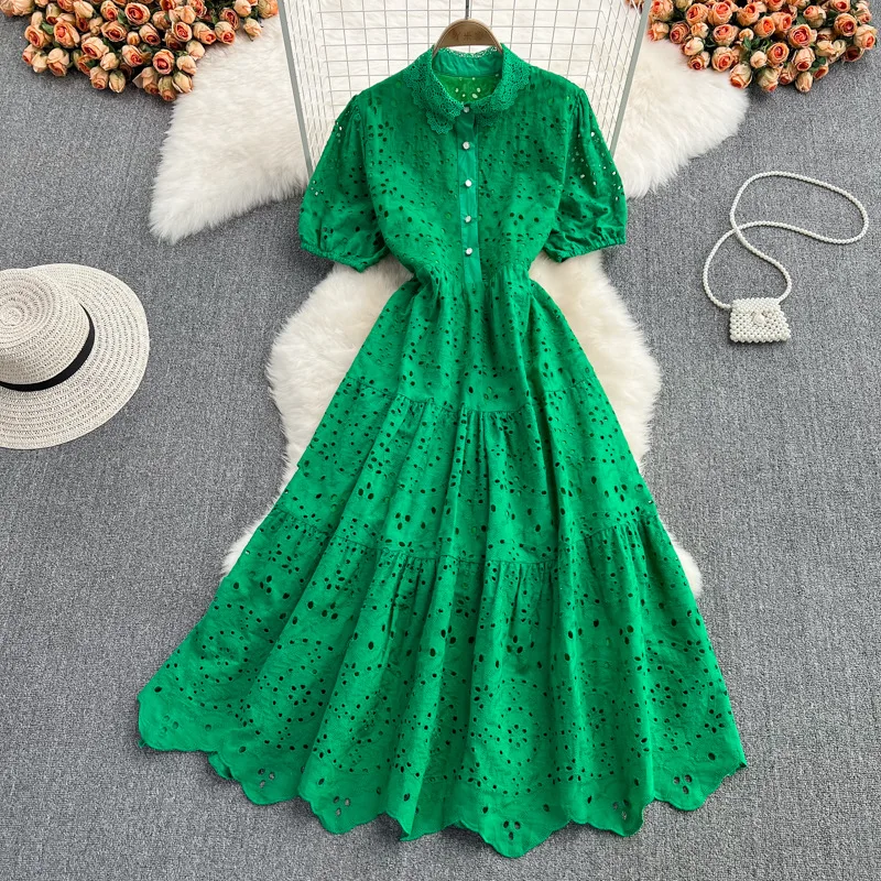 Spring Autumn Hollow High Waist Slimming Puff Sleeve Doll Collar Elegant Graceful Holiday Large Swing Premium Casual Dress