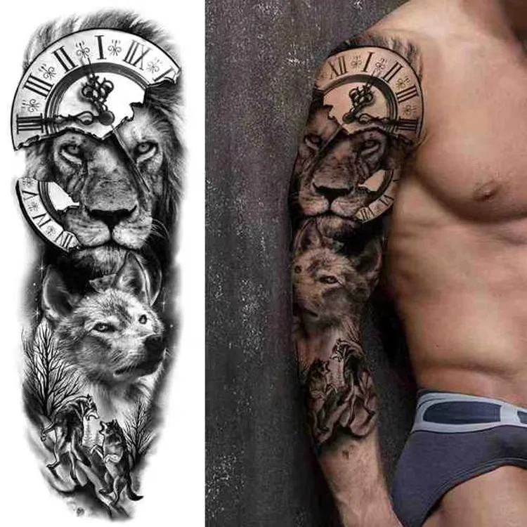 Wholesale 170*480mm large full arm flower lion buddha skull waterproof temporary tattoo sticker