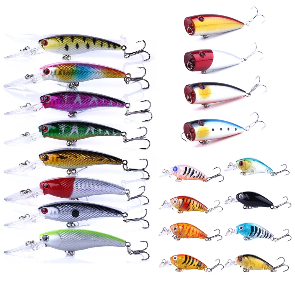 Fishing Lures Kit Mixed Including Minnow Popper Crank Baits with Hooks for Saltwater Freshwater Trout Bass Salmon Fishing