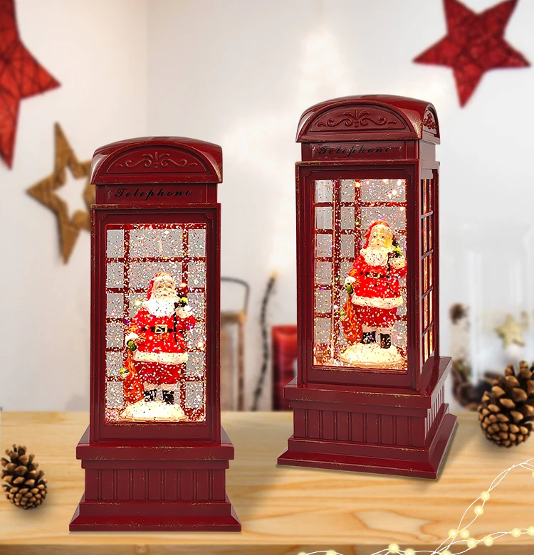 Red Swirling Glitter Santa Globe Christmas Water Led Telephone Booth Lantern