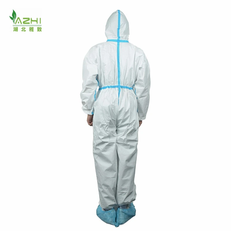 Promotion season with big discount for disposable protective coverall white color with hood without boots style with bule tape