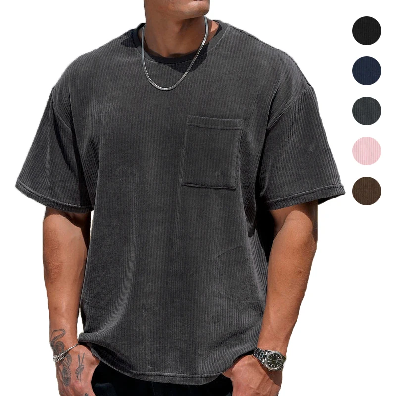 2024 new products 100% Polyester Solid Color Crew neck corduroy short sleeve T-shirt for men