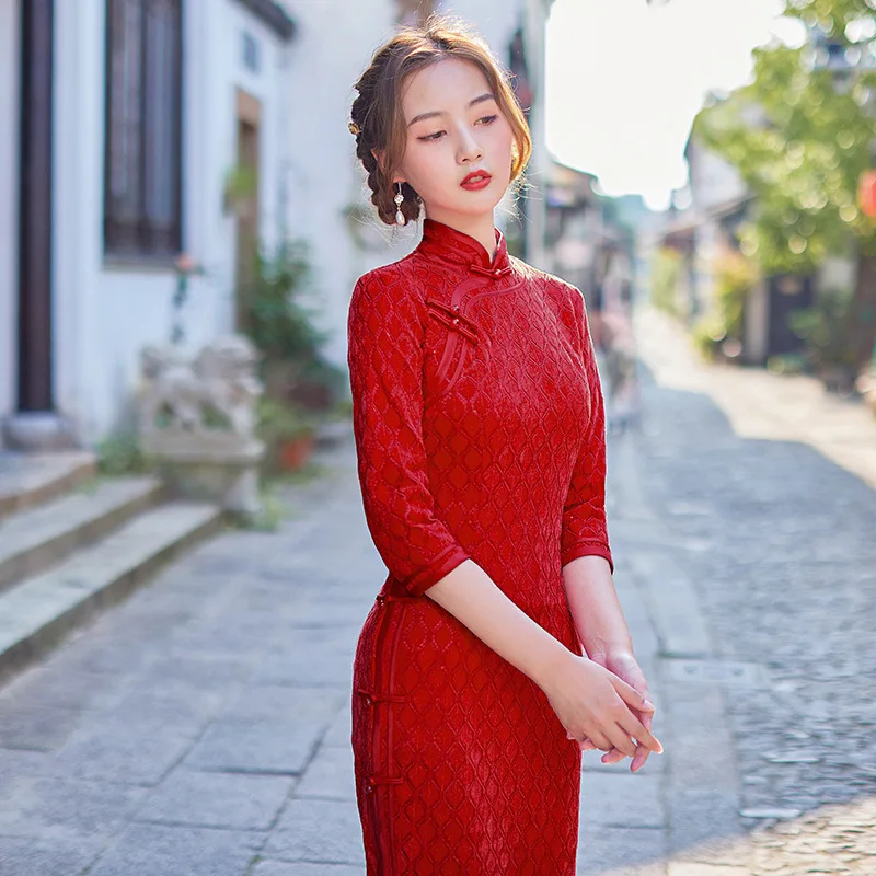 2024 New Wide edge long red daily qipao wedding evening dresses red for woman dress