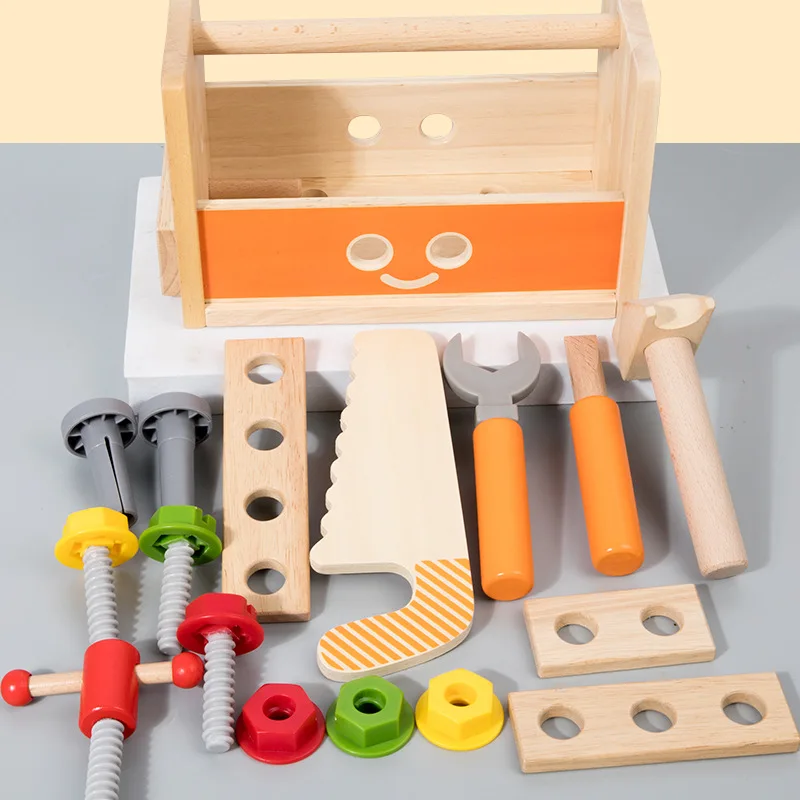 Wholesale Wooden Workbench Cartoon Tool Basket Multi Functional Pretend Play Game Educational Toys for Kids Construction and Rep