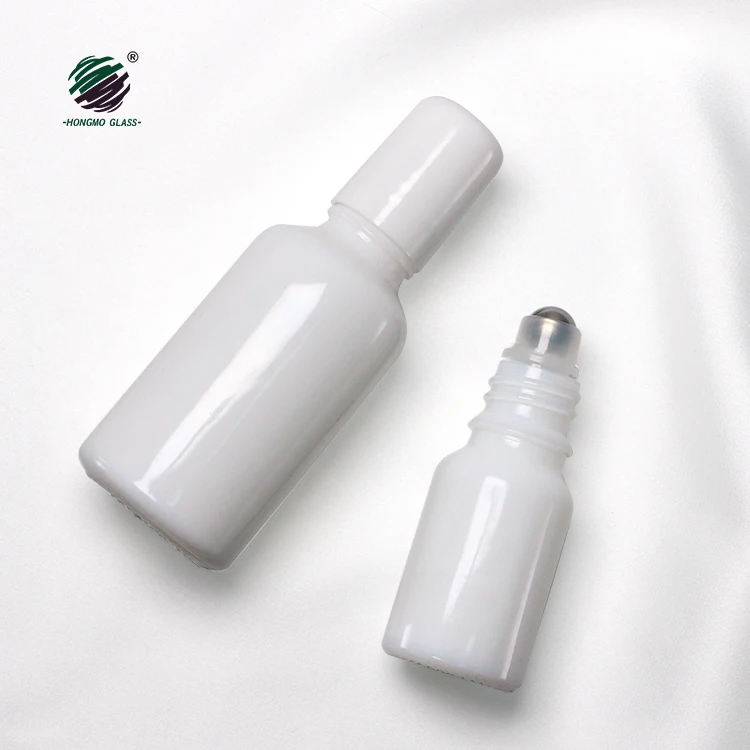 Cosmetic Packaging Round shoulder Opal White Glass Roller Bottle With white Lid Steel ball Cosmetic Lotion Bottle Products