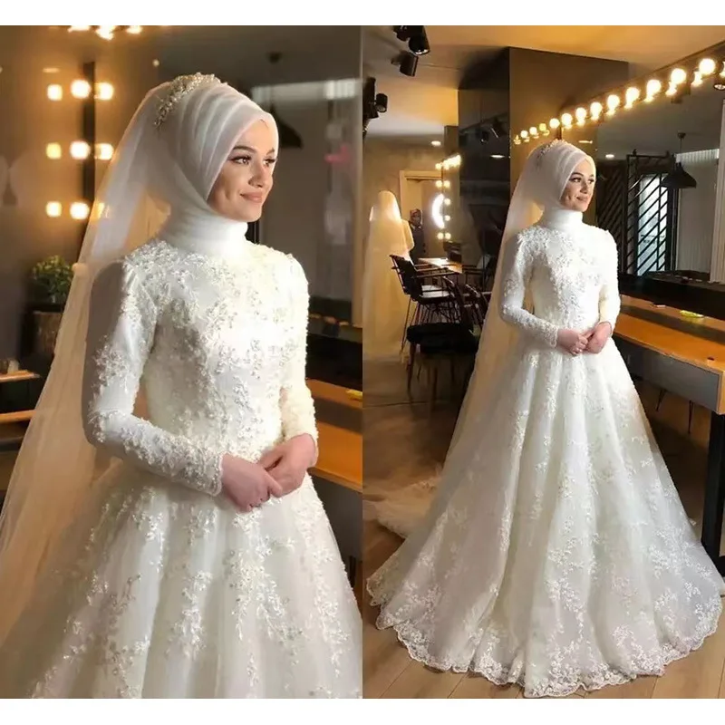 Muslim Wedding Dresses for Women  Luxury Long Wedding Gowns Lace Applique Bead Elegant Bride Dress