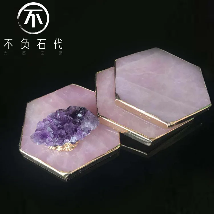 2022 Nordic marble hibiscus crystal coaster pink crystal coaster natural decoration hexagonal crystals coaster cup mat