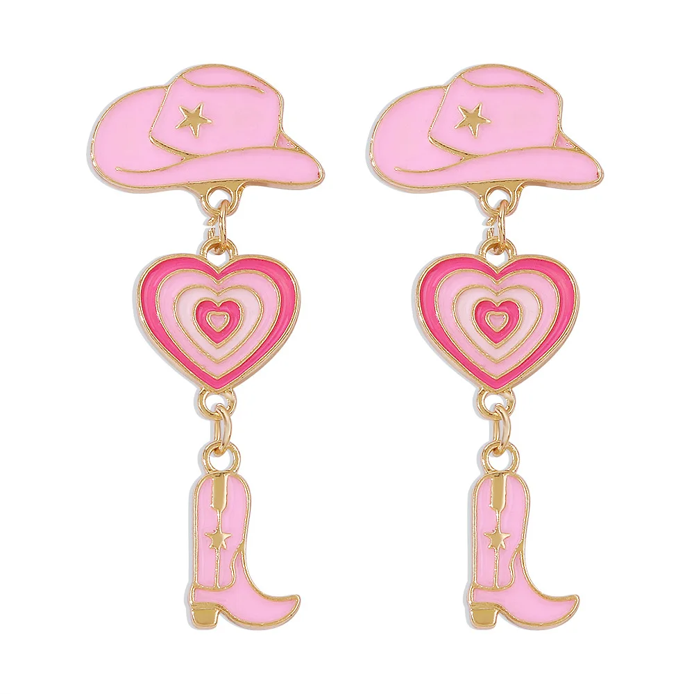 Fashion Cute Cowboy Hat Boot Earrings Personality Alloy Dripping Oil Love Heart Earrings for Women Valentines Jewelry