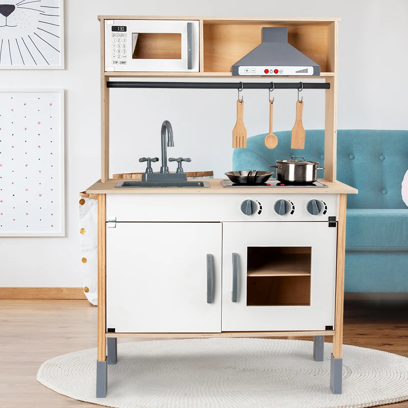 NUNUKIDS Newly released child large classic wooden kitchen toys play set electronic stove toy with light and sound