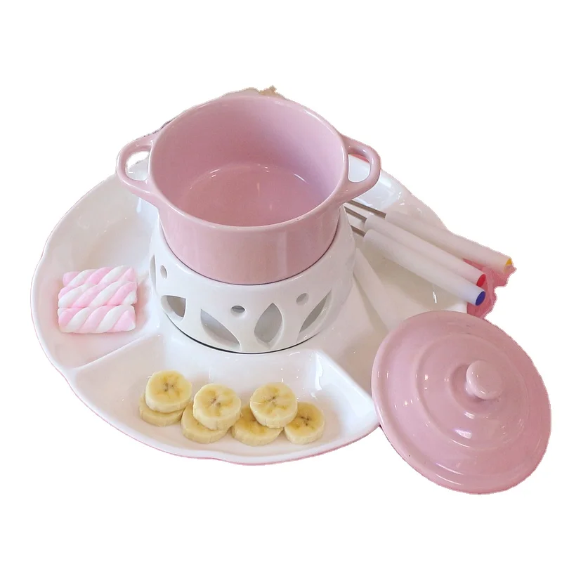 Cute Ceramic Ice Cream Chocolate Or Cheese Fondue Set Removable Fondue Bowl With Lid and Snack Dish