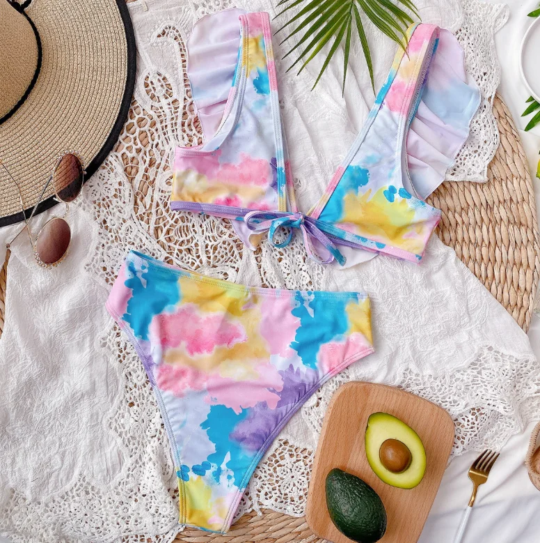 
Newest Stylish Ladies Color Ruffle Shoulder Swimsuit Two Piece Set Sexy Deep V Bikini Split High Waist Bathing Suit 