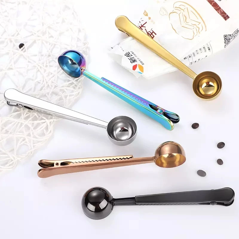 Food Grade Stainless Steel Gold Black Measuring Spoon Scoop With Bag Sealing Clip For Tea Coffee Bean